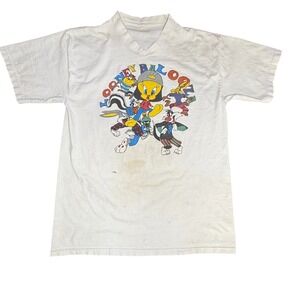Looney Tunes T-Shirt Vintage Cartoon Graphic Tee White‎ V-Neck Size Unknown